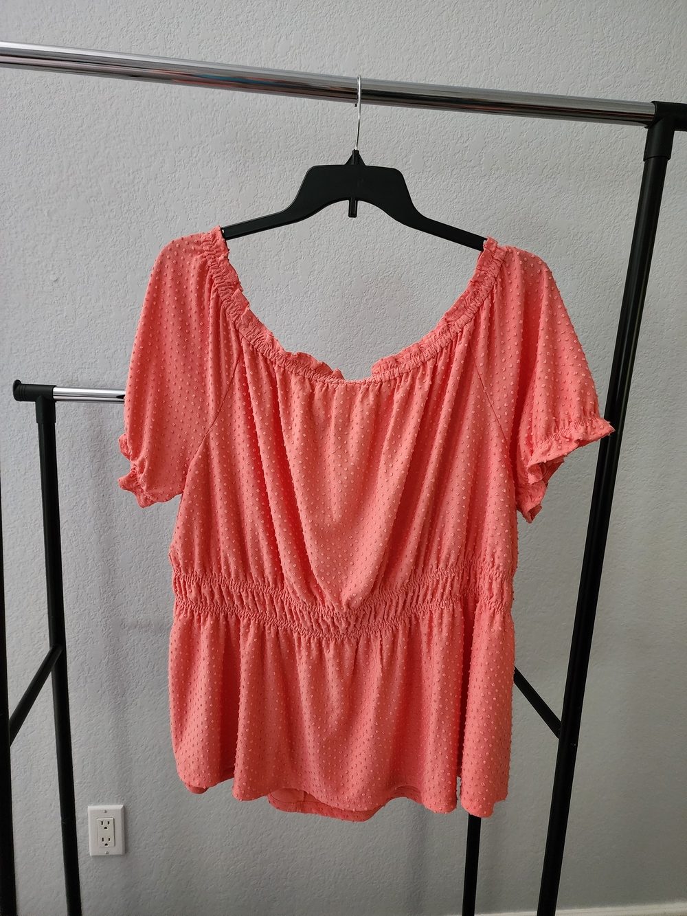 Lane Bryant Coral Swiss Dot Peasant Top